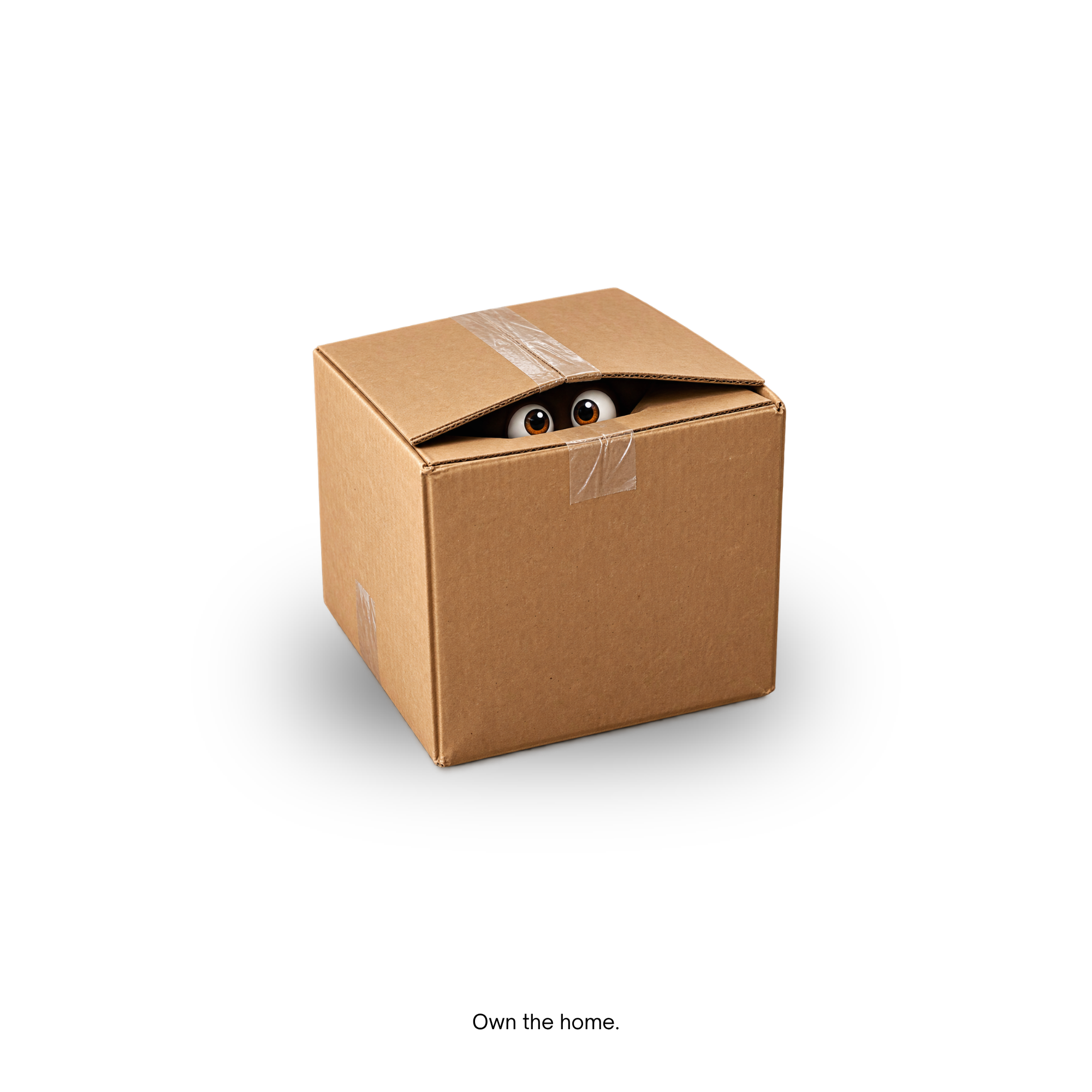 A playful moving box with eyes peeking out